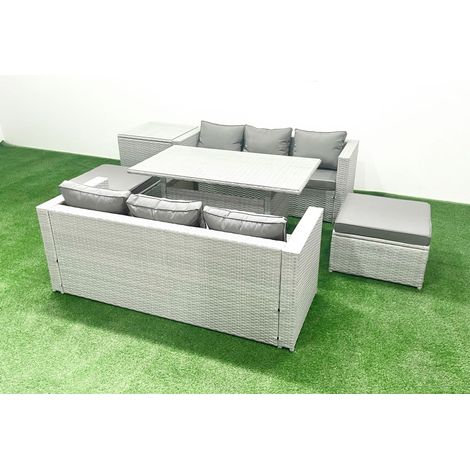 Fimous Rattan Gartenmöbel-Set 8 Sitzer mit Esstisch Beistelltisch 2 Großer Hockern Hellgrau gemischt (1/5)