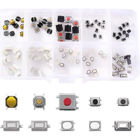 100 Pièces 10 Value Boutons Poussoirs Tactiles Micro Momentary Tact Assortiment Kit, D'assortiment de Bouton Tactile, pour Clé de Télécommande de Voiture (1/5)
