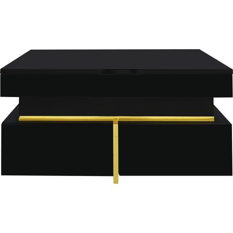 Table basse noire brillante avec accents dorés, table de salon avec tiroirs de rangement, 70x70x35,5 cm (1/5)