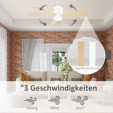 Ventilateur de plafond lumineux LED 2-en-1, avec télécommande et minuterie, plafonnier avec pales en blanc et bois naturel (1/4)