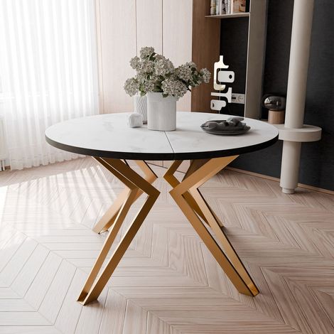 Table à Manger Extensible RAMIRO - 4-6 personnes - Ronde - Bianco/Gold - 120-196 x 120 x 76 cm (1/5)