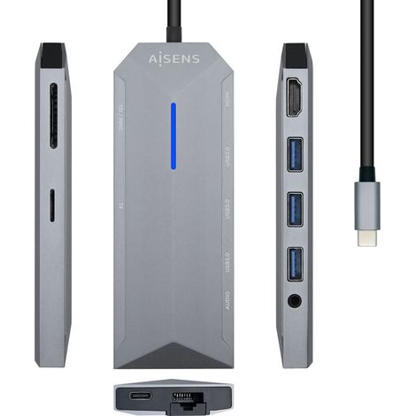 Hub USB 3.0 Tipo-C Aisens ASUC-9P001-GR/ 1 HDMI/ 3 Puertos USB 3.0/ 1 RJ45/ 1 Audio/ / 1 Lector Tarjetas / Gris (1/5)