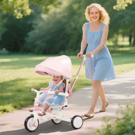 Rose - Tricycle 5 en 1 pour enfants avec dossier réglable, tricycle pour tout-petits avec guidon poussoir, dossier réglable
