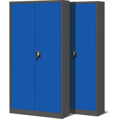 2er Set Aktenschrank C001H Büroschrank Metallschrank Stahlschrank Werkzeugschrank Stahlblech Pulverbeschichtet Flügeltürschrank Abschließbar 195 cm x 90 cm x 40 cm (anthrazit/blau) (1/5)