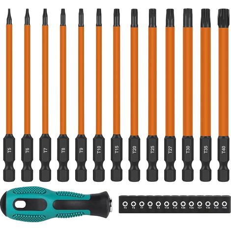13pcs Tournevis Torx Magnetique 150mm avec Tournevis à Cliquet, T5 T6 T7 T8 T9 T10 T15 T20 T25 T27 T30 T35 T40, Jeu d'Embout Torx, Embouts de Vissage Long, Tige Hexagonale de 1/4" (1/5)