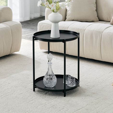 Mesa auxiliar redonda de 42x42x52 cm, de dos niveles, estilo minimalista, metal negro (1/5)