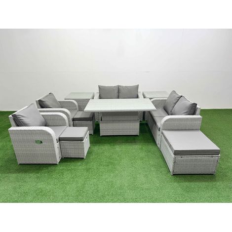Fimous 9 Seater Outdoor Reclining Chair Love Sofa Set Rattan Garden Furniture Set with Adjustable Lifting Dining or Coffee Table 3 Stools 2 Side Table Light Grey (1/5)