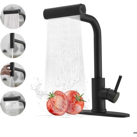 Küchenarmatur (schwarz), Ausziehbrause mit 4 Strahlarten, Mischbatterie für Warm- und Kaltwasser, 360° schwenkbar, Edelstahl – Schwarz (1/4)