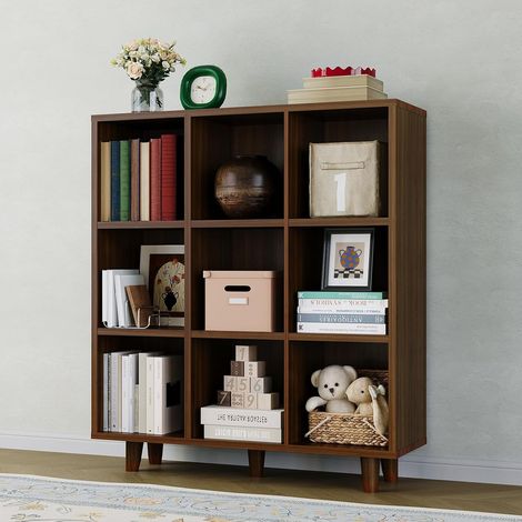 Bibliothèque 9 Cases en Bois, Étagère de Rangement Ouverte sur Pied avec Base pour Salon, Chambre et Bureau (1/5)