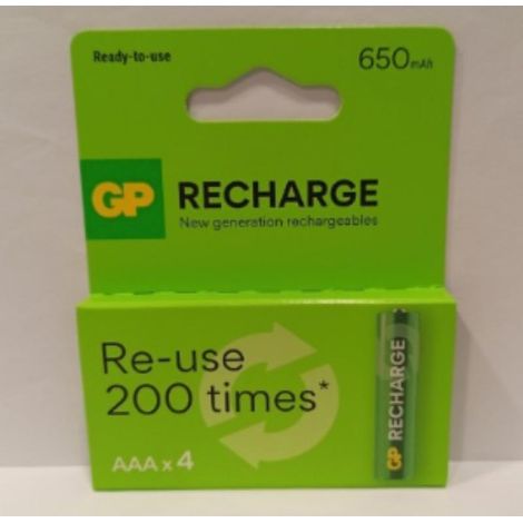 FPLUS pila gp aaa(lr03) recargable 4 uds 650 mah , Química	Níquel-Metalhidruro (Ni-Mh)
Medida	AAA
Voltaje	1.2V
Capacidad	650 mAh