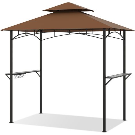 Tonnelle de barbecue marron à double toit avec 2 étagères et 7 crochets en polyester pour jardin terrasse et piscine (1/5)