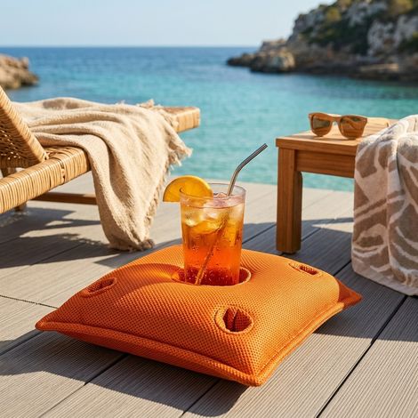 Soo Santaï Set Pool Party coussin bar + polystyrène 75x75x25cm, bar flottant, 4 trous verre et 1 trou bouteille, résistant aux UV, Orange (1/5)