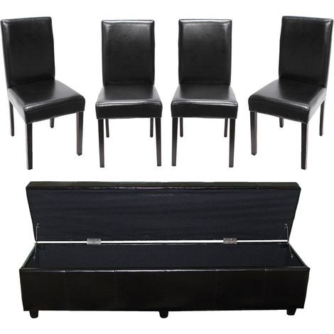 Set soggiorno panca contenitore Kriens xxl con 4x sedie littau cucina moderno sala pranzo ecopelle nero (1/5)