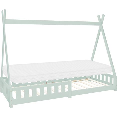 ML-Design Cama Infantil Tipi Verde Menta + Colchón 200x90 cm Protección Anticaída y Somier Estructura Listones de Madera Maciza de Pino para Niño Forma de Casa Cuna Juvenil Reja Juego Lecho de Suelo
