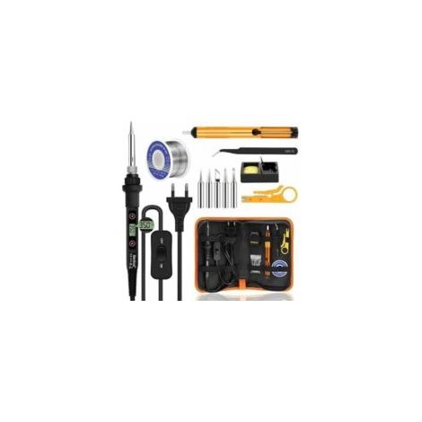 Kit saldatore da 80W, temperatura regolabile 180-480°C, elettronica di precisione con interruttore ON/OFF, 5 punte per saldatura, pompa dissaldante, filo di stagno, stazione di saldatura, pinzette - C