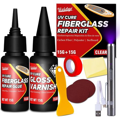 Kit de Réparation pour Fibre de Verre, Kit de Réparation Transparent pour Planches de Surf avec Lampe UV, Résine de Fibre de Verre Imperméable et Résistante à la Chaleur pour Carrelage, Acrylique Etc (1/5)