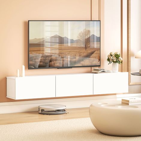 Meuble TV mural 180 cm, console suspendue pour écran jusqu'à 82 pouces, 3 portes pliantes avec amortisseur, finition blanche (1/5)