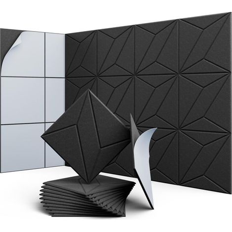 Lot de 12 panneaux acoustiques auto-adhésifs, rembourrage insonorisant en polyester, panneaux muraux insonorisants haute densité, 30 x 30 x 1 cm, noir (1/5)
