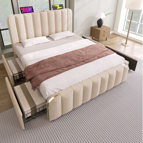 Cama tapizada moderna 140x190 cm en lino beige con cabecero USB/Type-C, 4 cajones y somier de láminas