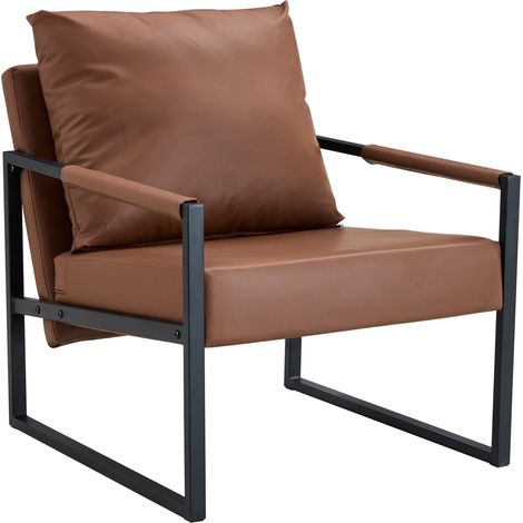 Fauteuil de lecture en cuir régénéré brun avec structure métal noir, assise compacte et accoudoirs, pour salon, chambre ou bureau CHICFURN (1/5)