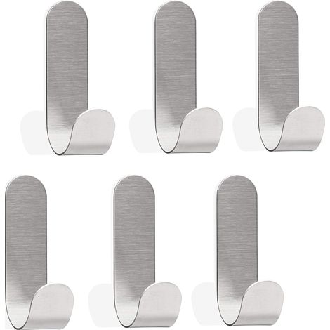Crochets adhésifs pour salle de bain ou cuisine, crochets muraux, sans perçage, 6 pièces, 70 x 17 mm, argent brossé
