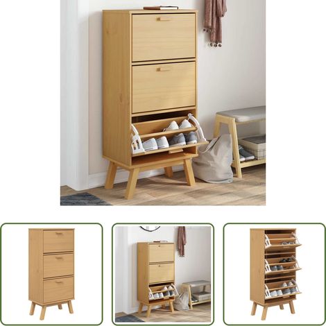 Schuhschrank Kiefer -  Schuhschrank OLDEN Braun 55x35x120 cm Massivholz Kiefer (1/5)