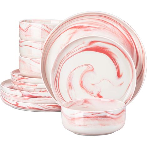 Service de vaisselle, 24 pièces en porcelaine marbrée, compatible avec le micro-ondes et le lave-vaisselle (1/2)