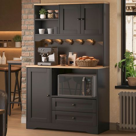 Buffet haut de cuisine 100x40x163 cm avec niche micro-ondes, LED via application, 2 prises, 2 USB, étagères réglables, range-épices, MDF et PB, Noir (1/5)