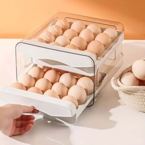 Contenitore per uova a doppio cassetto, capacità 32 uova, in PP trasparente, dimensioni 21,5x22x14 cm, lavabile. (1/2)