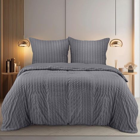 Seersucker Housse de Couette 220x240 cm avec 2 Taies d'oreiller 65x65 cm (Gris) - Parure de lit 220x240 cm - Ensembles de Housses de Couette en Microfibre brossée Douce (1/5)