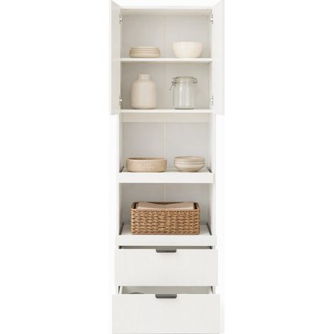 Meuble de rangement de cuisine haut 200 cm avec 1 porte, 2 étagères ouvertes, 2 tiroirs, anti-basculement, blanc mat pour cuisine et salon – CHICFURN (1/5)