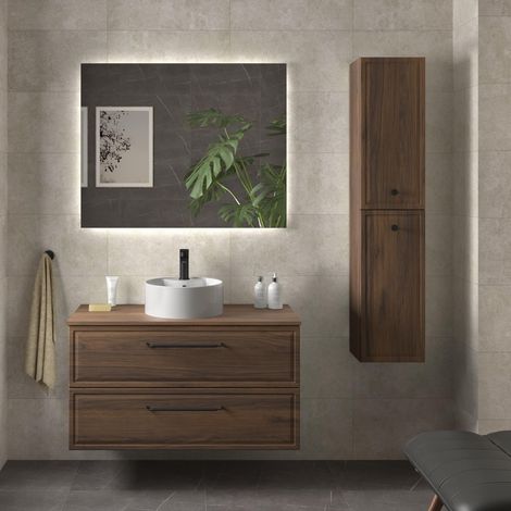 Mueble de Baño RUNA 100cm Nogal 2 cajones Lavabo sobre encimera 1 poza Porcelana (1/5)