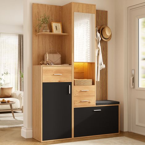 Meuble d'entrée 120x32x178 cm - meuble à chaussures avec banc, miroir, tiroirs, abattant, patères et éclairage LED via application - Blanc et naturel (1/5)