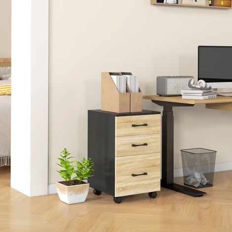 Armoire Tiroirs Bureau Roues Barre Suspendue Limes Mobilier Intérieur Chêne Noir 40x42x65cm