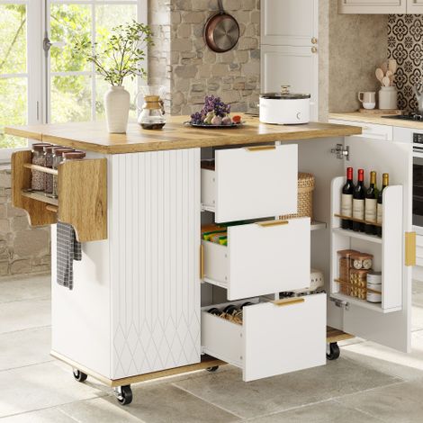 Chariot de cuisine mobile plan de travail rabattable prise de courant 2 prises + port USB 3680W 5 roulettes blocables MDF blanc aspect bois charge maximale 70kg îlot central de cuisine (1/5)