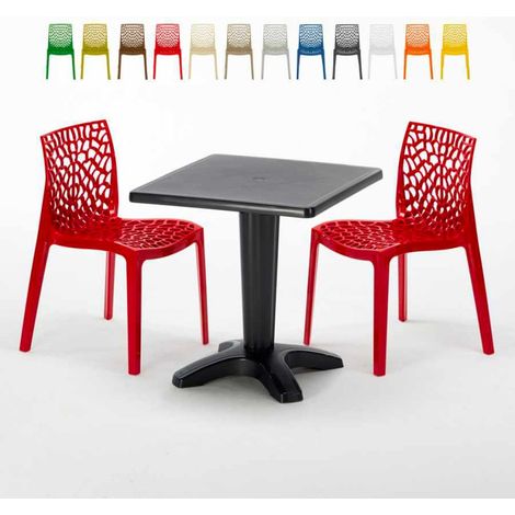 Table Carrée Noire 70x70cm Avec 2 Chaises Colorées Grand Soleil Set Bar Café Gruvyer Aia - Rouge