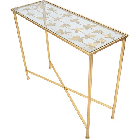 Konsole Meknes, ein Ablagefach, Platte mit Schmetterlingsdekoration, Gestell aus Glas, 100x35x80h cm Gold