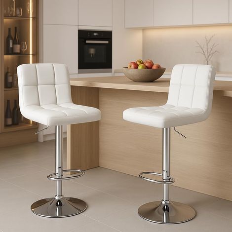 Lot De 2 Tabourets De Bar - Style Moderne - Hauteur Réglable De 60 À 80 Cm - Pieds En Métal - Avec Dossier - Convient Pour Bar, Cuisine Et Salon - Blanc (1/4)