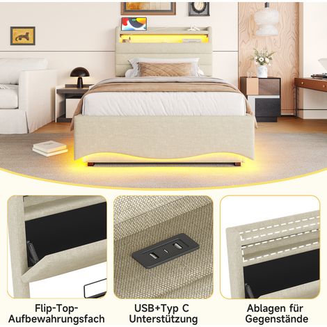 Lit capitonné 90x200cm, sommier avec éclairage LED, mécanisme hydraulique, ports USB-C, rangement spacieux, étagères, tête de lit en lin beige, sans matelas (1/5)