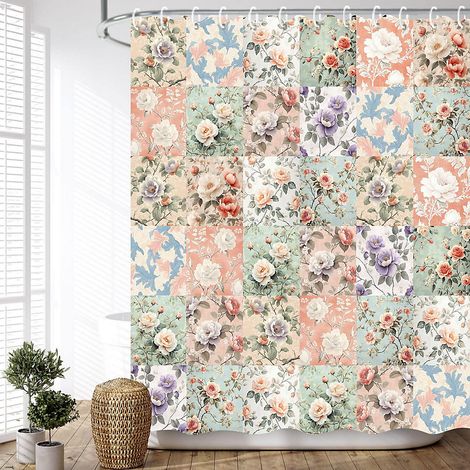 Rideau de douche patchwork vintage à motif floral, rideau de douche décoratif patchwork pour salle de bain, 180 x 180 cm (1/5)