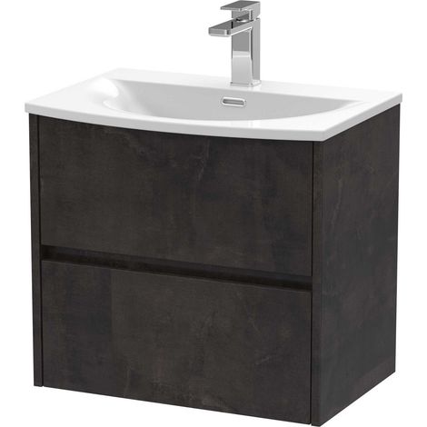 Nuie Havana Matt Metallic Slate 600mm Wall Hung 2 Drawer Vanity Unit and Curved Ceramic Basin - HAV2604G (1/4)