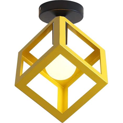 Plafonnier Cubique Moderne, Style Rétro, Abat-Jour Métallique, Longueur 16 cm, Ampoule E27, Jaune (1/5)