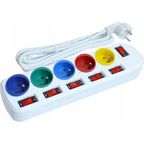 Cable alargador con interruptores, protector contra sobretensiones, 5 enchufes, 1,5 m (1/2)