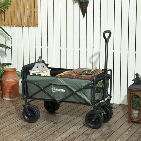 Chariot de jardin pliable avec ouverture arrière, roues, poches de rangement et poignée, 125 x 48 x 78-102 cm, vert (1/5)