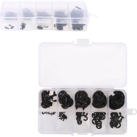 Kit 120 Clips Élastiques en Acier Manganèse Noir, Anneaux d'Arrêt Ouverts 1,5-10mm, Boîte de Rangement (1/5)