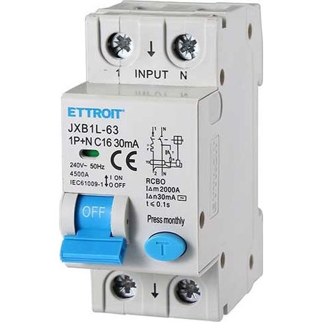 Interruttore magnetotermico differenziale 1P+N, 2 moduli, 220Vac, 16A, 30mA, 4,5KA - Ettroit JXB1L-63-2P-16A-4.5KA (1/4)