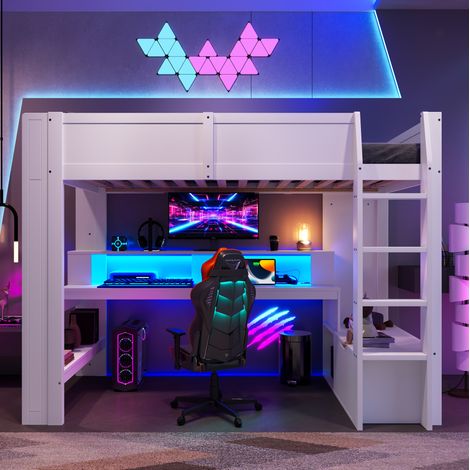 MEUBLIV Lit mezzanine 90x200 cm blanc – bureau, LED 16 couleurs, sans matelas (1/5)