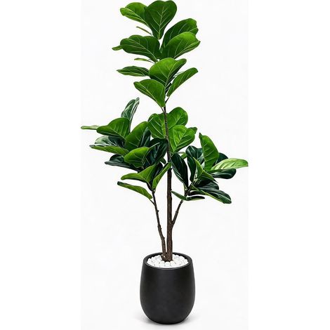 Arbre Ficus Lyre Artificiel 150cm – Plante d’Intérieur Très Réaliste, 77 Feuilles, Facile à Assembler, Décoration Salon ou Bureau, Socle Noir Galets Blancs, Black Basin White Stone (1/5)