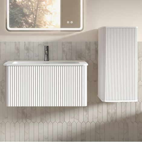 Mueble de baño con lavabo, 80 cm, suspendido, con mueble lateral, blanco HAVRYA (1/5)