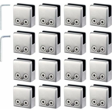 16pcs Pinces à Verre 8-10mm Support Verre dans Pinces en Acier Inoxydable Arrêtez Verre de Forme Carrée 8-10mm avec 2 Clés Hexagonales pour Balustrade d'Escalier - RWAccessoire pour miroir (1/5)